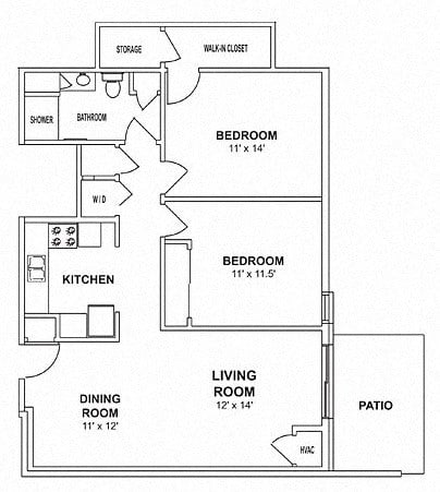 Floor plan for 2 beds, 1 bath, 932 sqft
